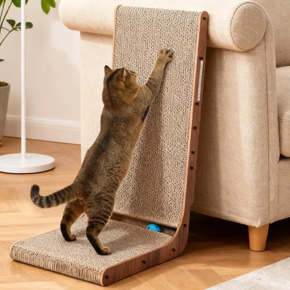 

Cat Scratcher with Cat Toys Ball Track, Build-in Ball, L-Shaped Scratcher, Cardboard Lounge Bed, Stable and Durable, Fur