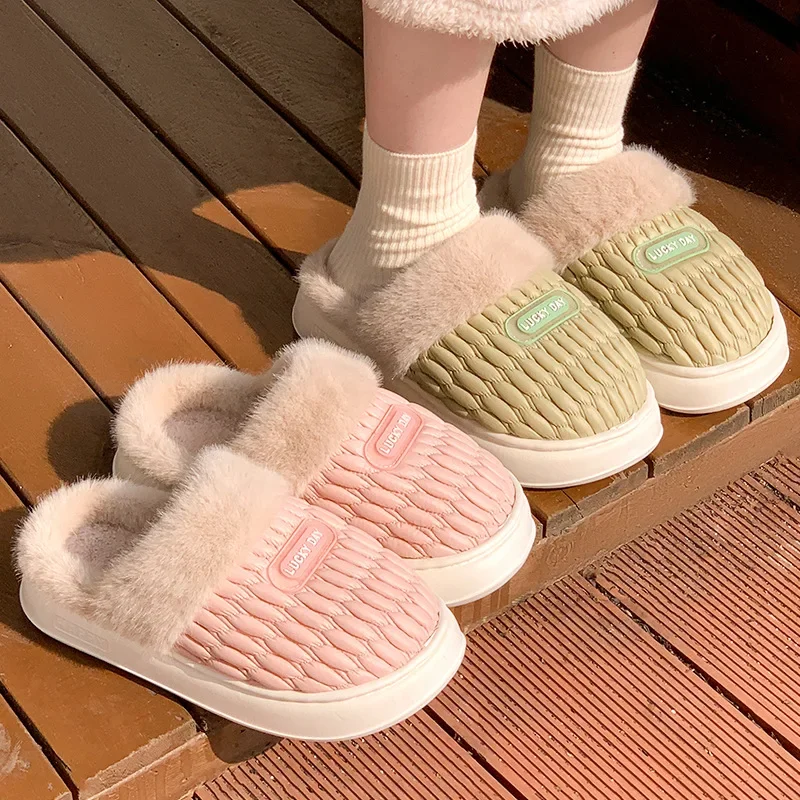 Candy Color Thick Sole Pluffy Slippers Women Closed Toe Furry Couple Slides Winter Indoor Home Cotton Slippes