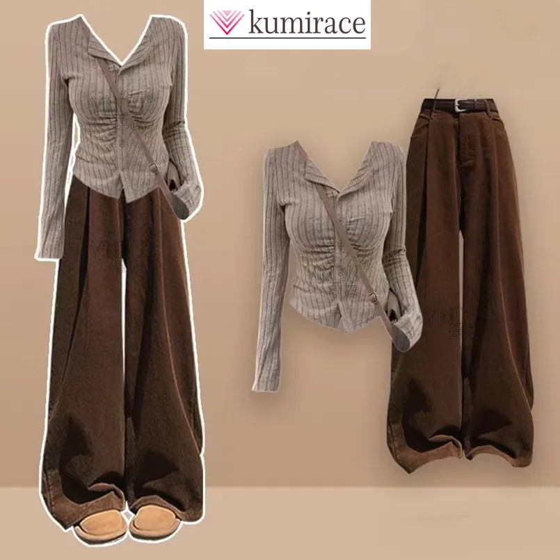 

Spring and Autumn Fashion Women's Set New Korean Luxury Long Sleeve Top Casual Wide Leg Pants Two Piece Set