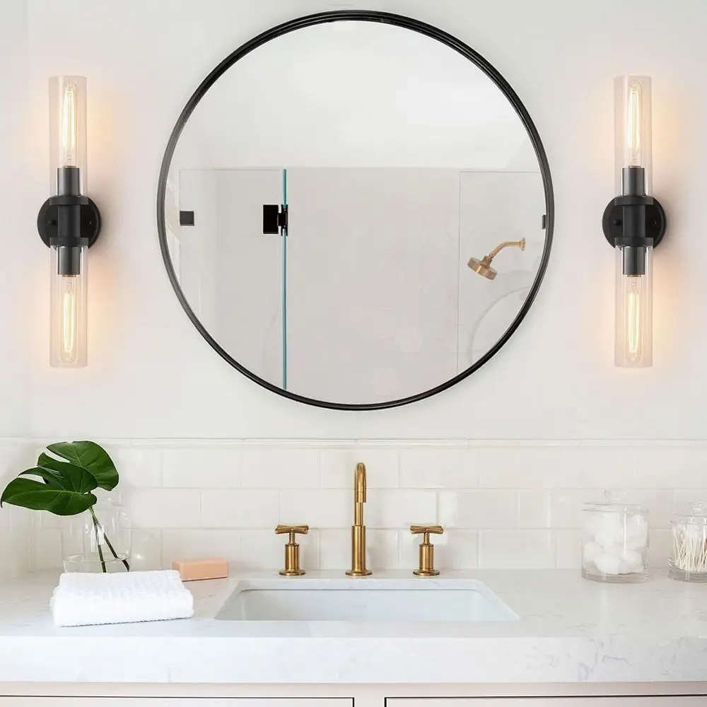 โคมไฟติดผนังสีดำด้านสไตล์โมเดิร์นพร้อมกระจกใสสำหรับห้องน้ำ ห้องนั่งเล่น และห้องนอน