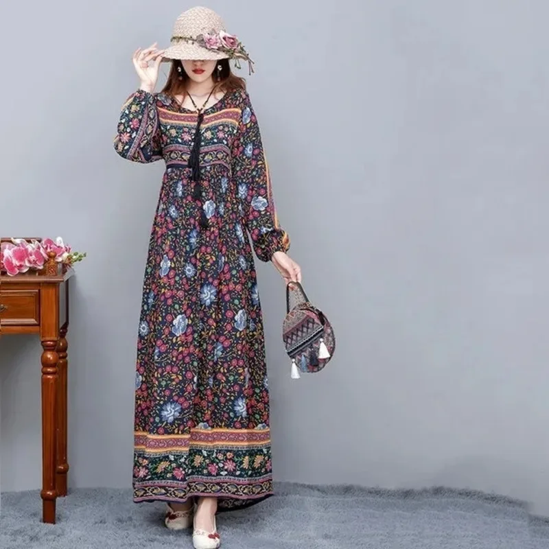 Vintage Women\'s Beach Skirt Dress Long Sleeve Floral Print Beach Bohemian Straight V-neck Maxi Dress Summer Ladies Dress