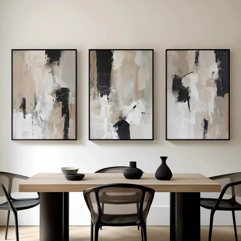Set of 3 Contemporary Abstract Art Painting, Black Beige Minimalist Wall Poster, Canvas Print, Modern Home Living Room Bedroom