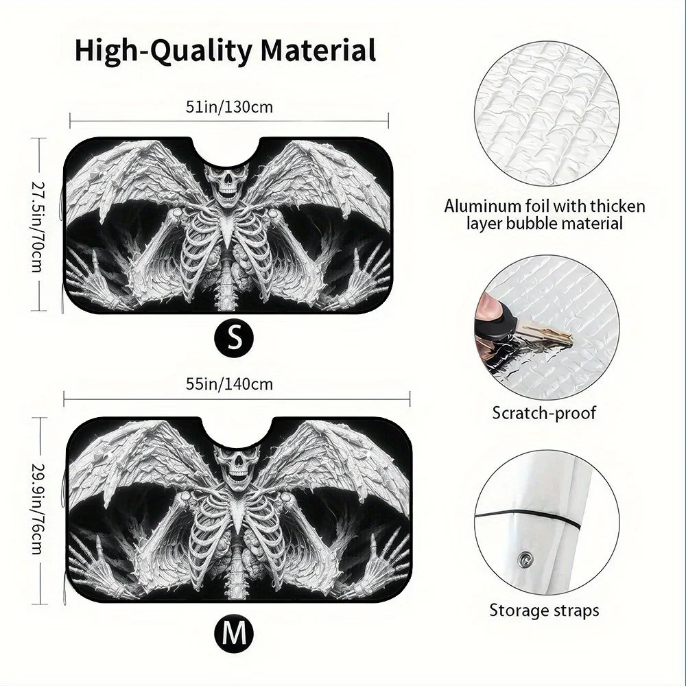 1pc, Halloween Car Windshield Sunshade With Skeleton Dark Grim Design, Portable Foldable Front Sun Visor Shield For Seasonal Use