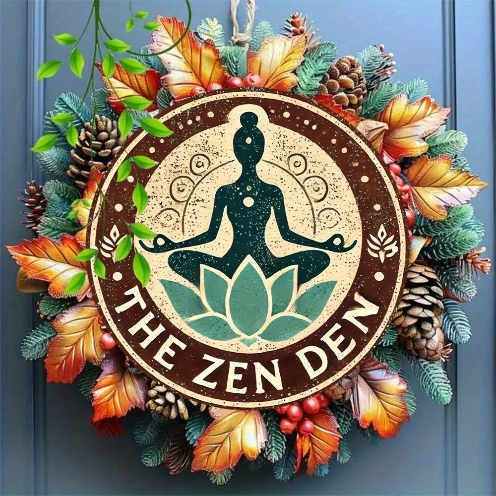 Decoração do quarto 1pc alumínio rústico 'The Zen Den' sinal redondo, 7.8 polegadas, arte de parede espiritual, decoração de casa de fazenda, sala de meditação A