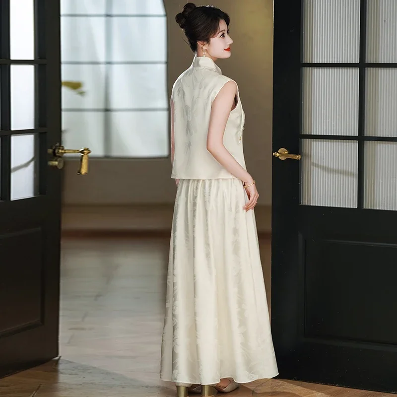 Women Champagne Sleeveless Vest Top and Skirt Suit Elegant Traditional Hanfu Outfit New Chinese Style Qipao 2 Piece Set