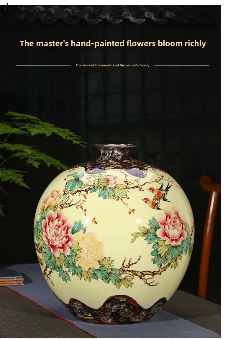 HT hand-painted ceramics pastel flower blooming rich vase Chinese living room TV cabinet decoration ornament