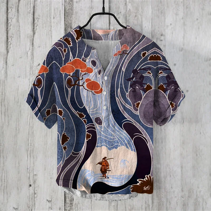 New 2024 fashion Mens Casual v-neck Shirt short Sleeve Band Collar Henley Shirt fashion art illustration print Tops