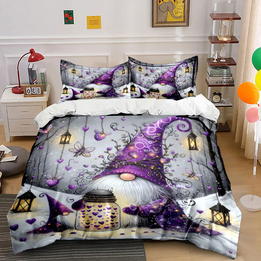 Magical purple gnome with lanterns on a snowy night Print Duvet Cover Bedding Set Included 1*Duvet Cover 2*Pillowcases