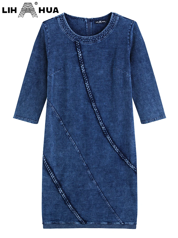 LIH HUA Women\'s Plus Size Denim Dress Autumn Chic Elegant Dresses For Chubby Women Cotton Knitted Round Neck Dress