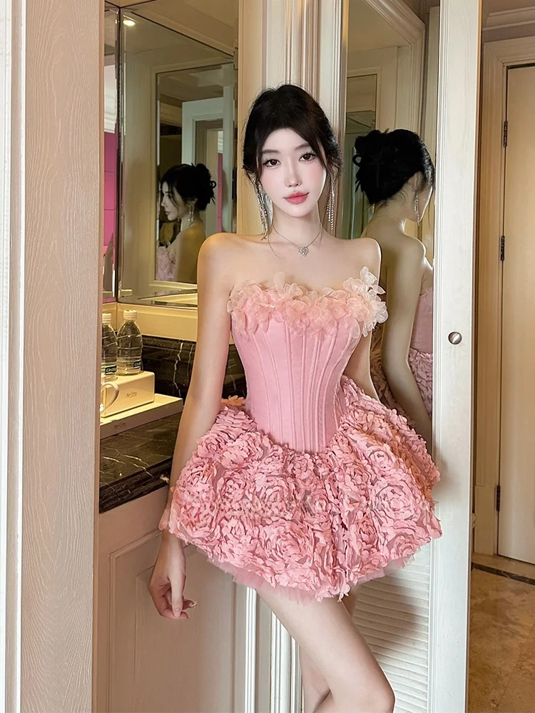 

Розовое праздничное платье Princ Sle с цветочным принтом, короткими бретелями и пышной юбкой для молодых женщин и взрослых на церемонии