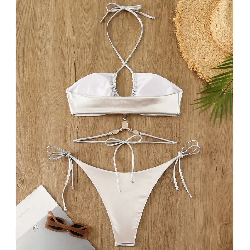 Sexy Silver Micro Bikini 2025 Women Swimsuit Chain Swimwear Thong Bikinis Set Brazilian Beachwear Bathing Suit Bronzing Biquini