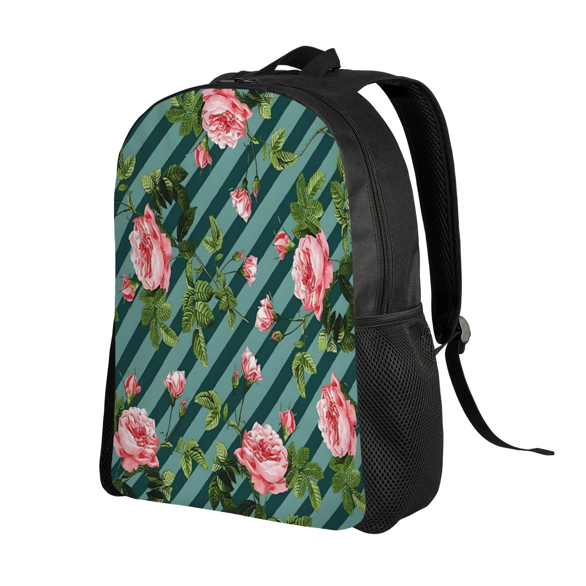 

Large travel backpack with soft pink garden roses in dark blue-green and dark cyan diagonal striped patterns