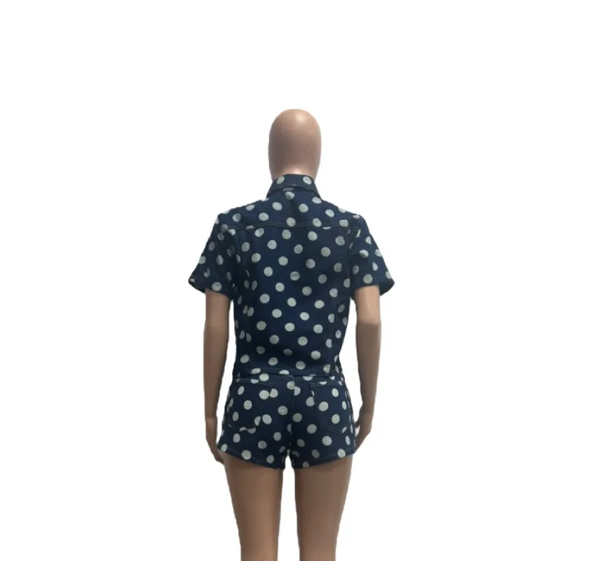 Polka Dots Print Denim 2 Piece Set Women Turn Down Collar Short Sleeve Single Breasted Jackets Top + Shorts Casual Jeans Suits view 5