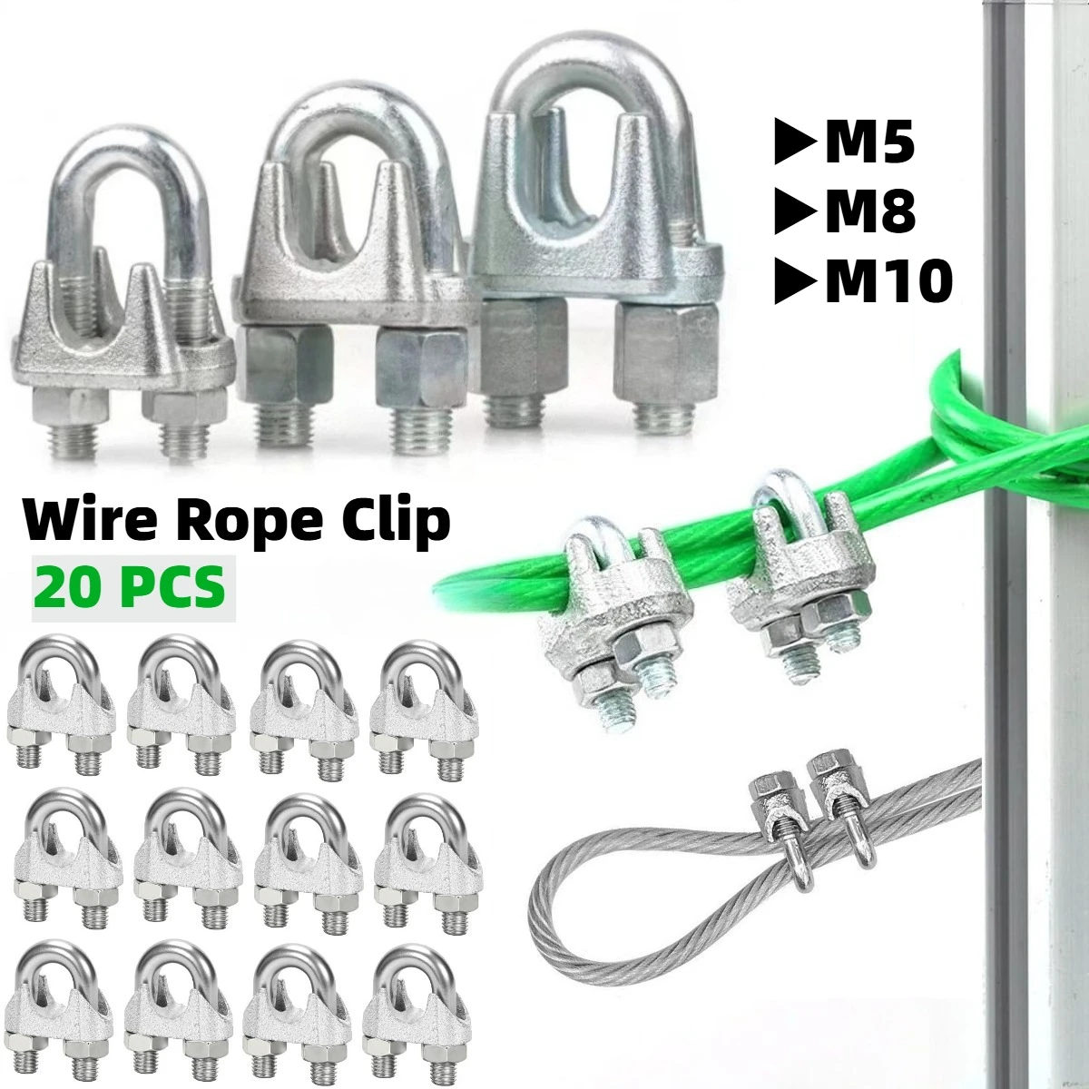 20pcs M5/M8/M10 Wire Rope Clip Cable Clamps Galvanized Steel U-Bolt Saddle Fasteners for Tent Ropes Wire Cable Clotheslines