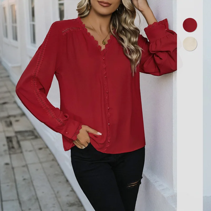 

Осень 2024, новая женская мода, романтическая элегантная темпераментная красная рубашка с джокером и v-образным вырезом, женская красная рубашка с длинными рукавами
