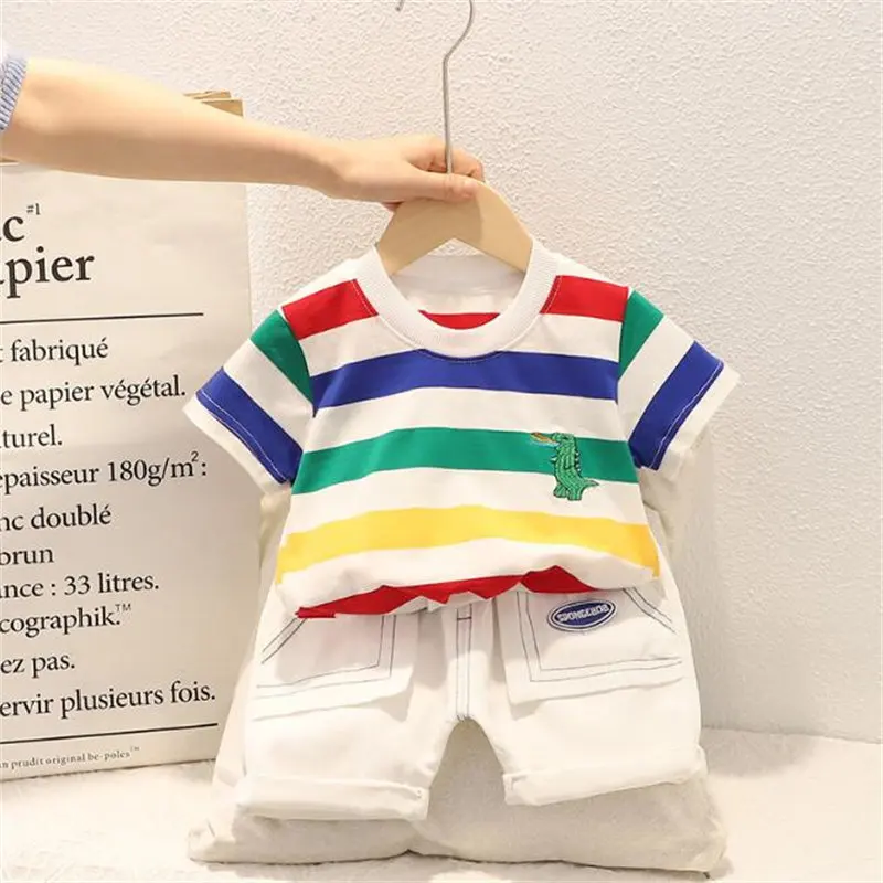 

Children Suit Summer Kids Boys Girls Strips Rainbow T Shirt Short Pants 2Pcs/Set Kids Infant Fashion Clothes Toddler Sportswear