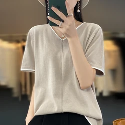 100% cotton T-shirt Women's V-neck pullover short sleeve summer new casual knitting loose top fashion color contrast T-shirt