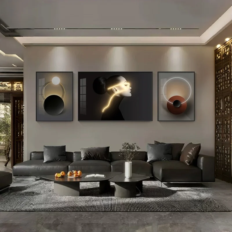 Modern Living Room Decoration Painting With LED Light Illuminated Murals Figures Bedrooms Sofa Background Wall Triptych Painting