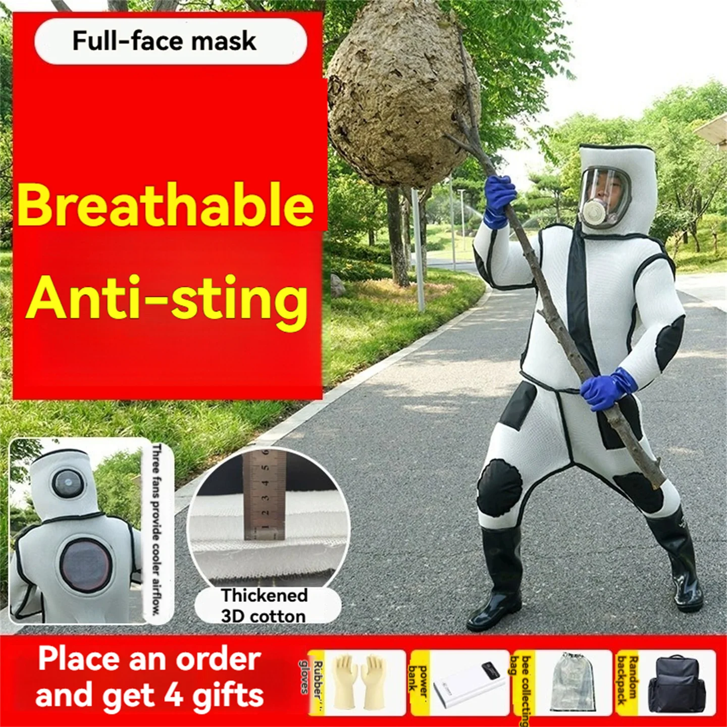 Thickened 3D Breathable Cotton Beekeeping Suit 2-Fan Cooling One-Piece Set Outdoor Hornet Wasp Catching Protection