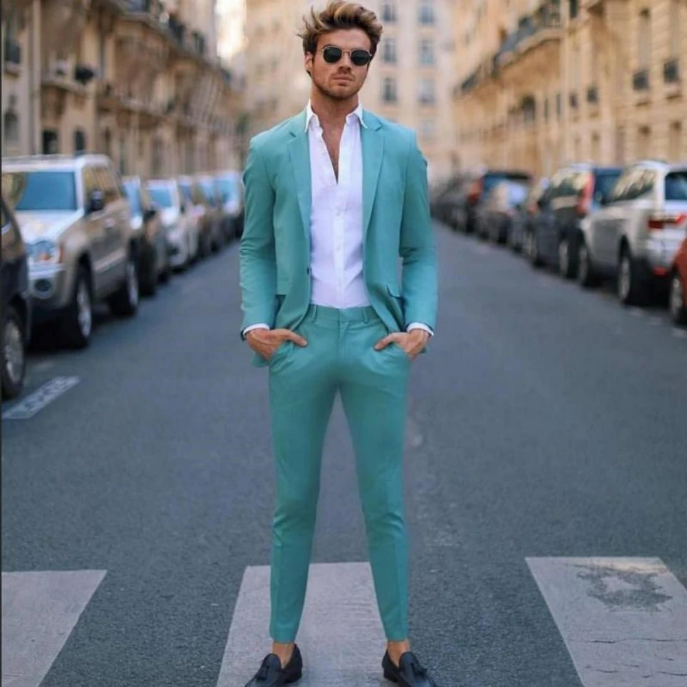 

Mens Prom Suits Handsome Teal Slim Fit Notched Lapel Groomsmen Tux Beach Wedding Tuxedos For Men Blazers One Button Formal Suit