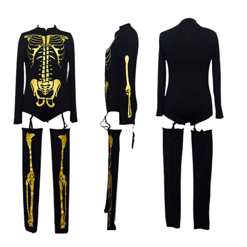 Halloween Women Long Sleeve Jumpsuit Set Skeleton Printing Round Collar Slim Bodysuit Costume Props for Cosplay Show Party