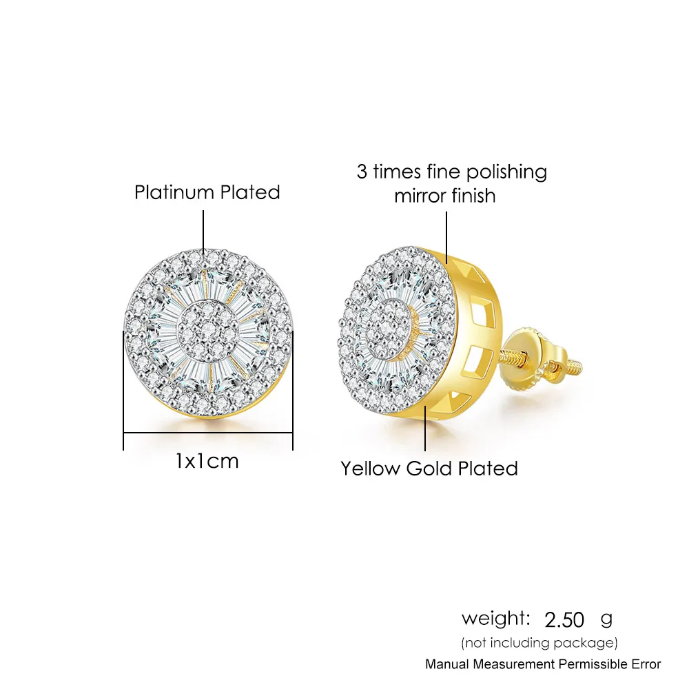 Round Crystal Stud Earrings for Women Gold Color Cubic Zirconia Hip Hop Earring Mens Jewelry Bulk Items Wholesale Lots OHE123