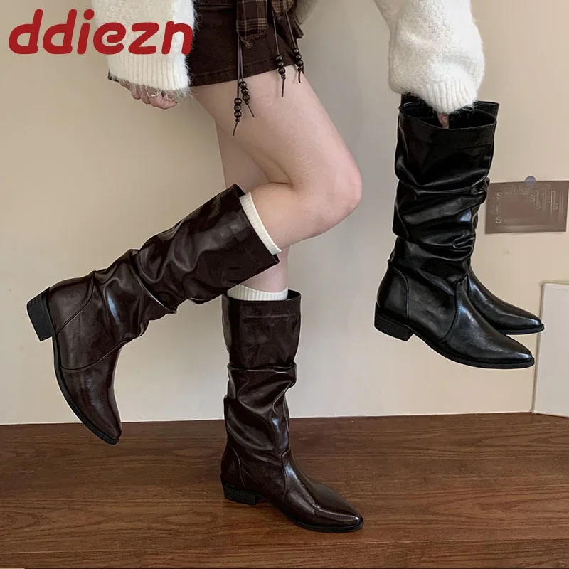 

Женские модные плиссированные женские сапоги до колена на плоской подошве, женские длинные современные сапоги с острым носком, обувь без шнуровки, зима-осень