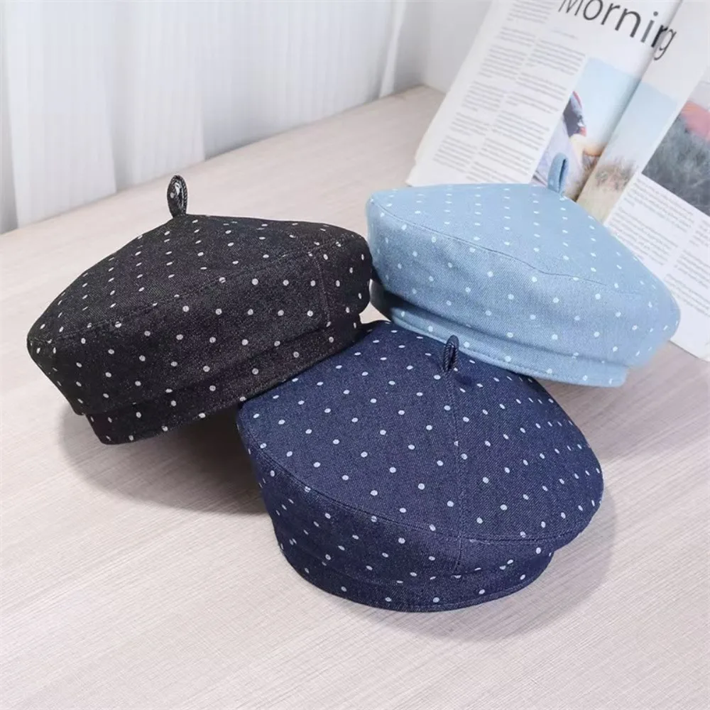 Face Slim Polka Dot Beret Hat Vintage Style Soft Cloud Hat Flexible Painter Cap Daily