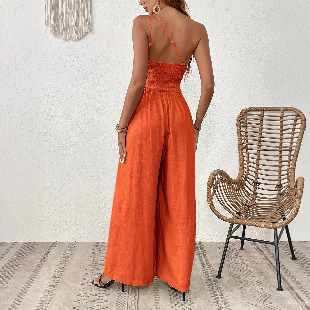 

Ele Pure Color Wide Leg Single oulder Jumpsuit for Women High Waist Nine Points Pants Spring Season Regular Thin