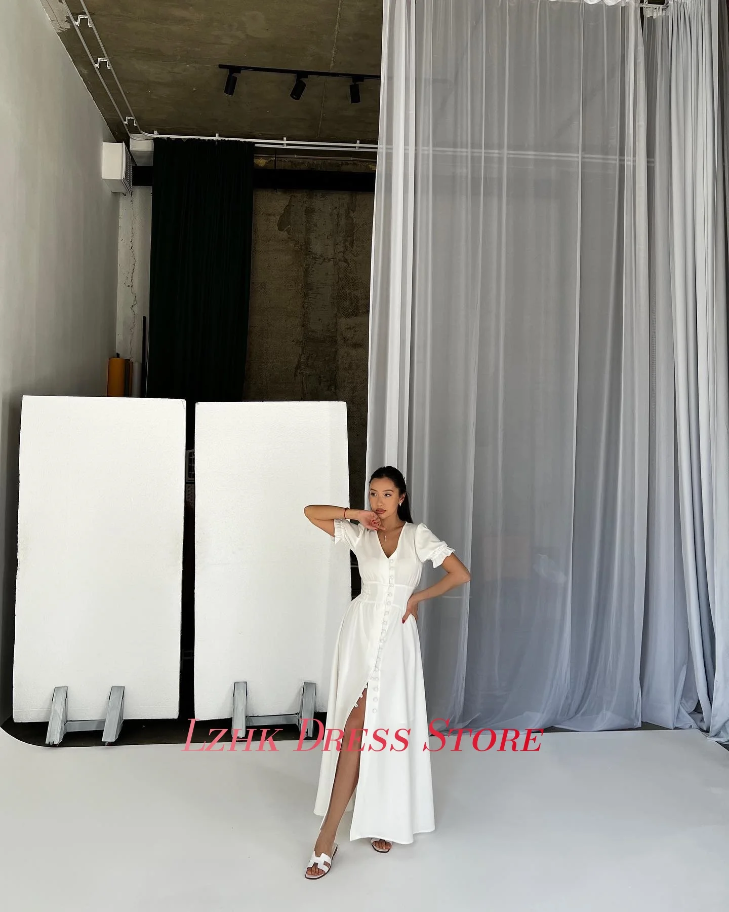 Aangepaste sexy jersey a-lijn knoppen avondjurk delicate korte mouwen v-hals enkellengte فستان • 1897