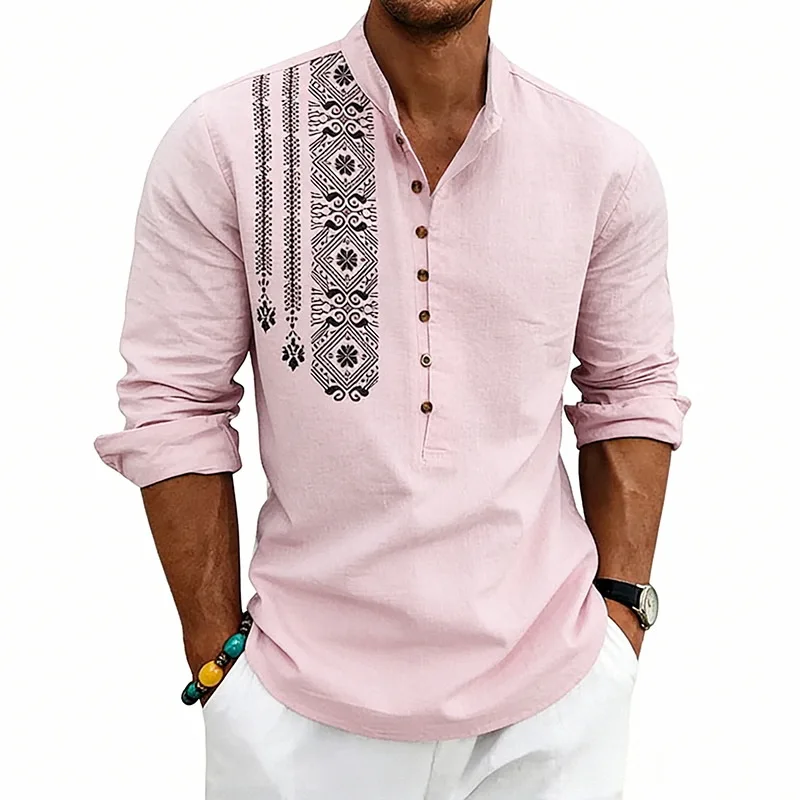 Spring and Summer Long-Sleeved Loose Ethnic Style Linen Printing Breathable Stand-Up Collar Breasted Long-Sleeved Shirt Men