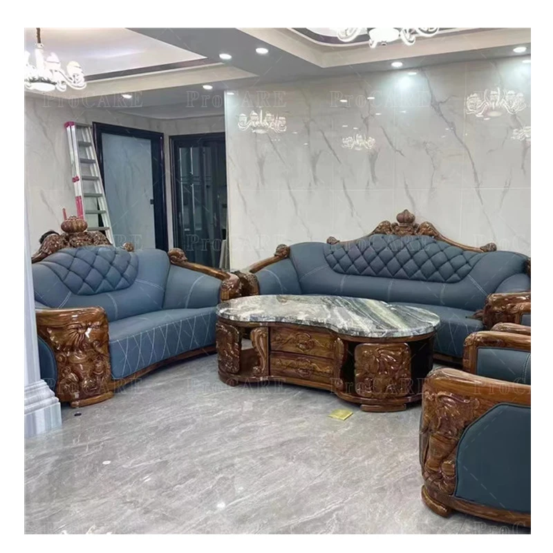 Wujin wood genuine leather European solid wood carving sofa luxury living room high-end villa furniture new Chinese sofa set