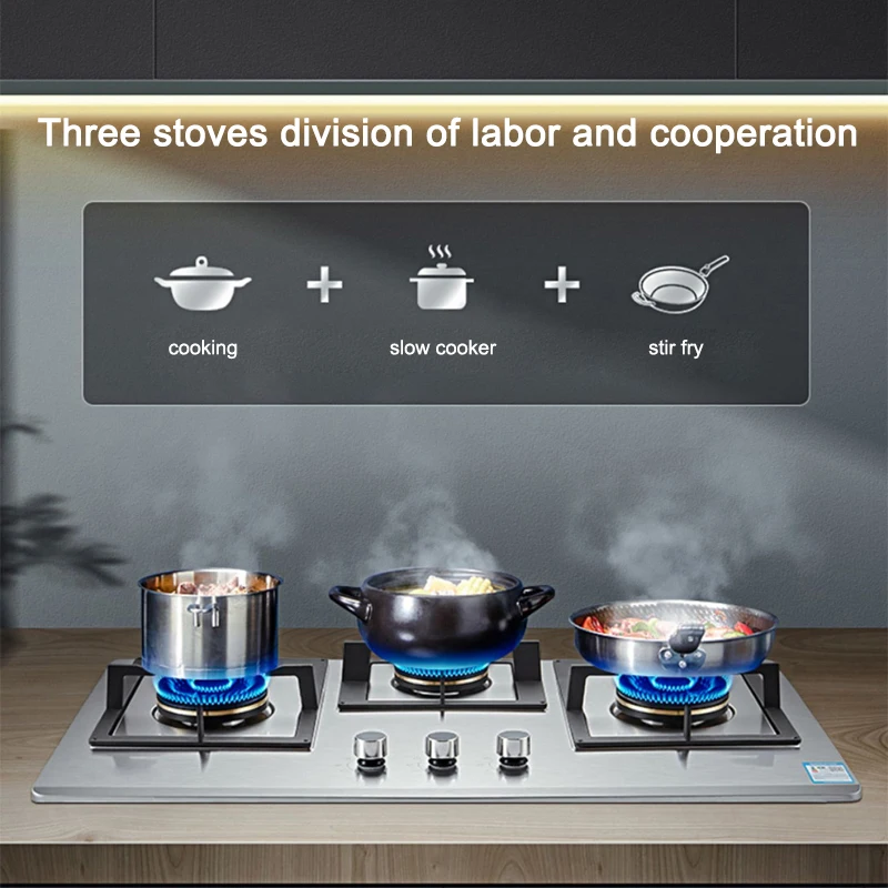 Fogão a gás de três olhos de aço inoxidável fogão a gás incorporado doméstico gás natural fogo feroz fogão a três-cabeça fogão a gás