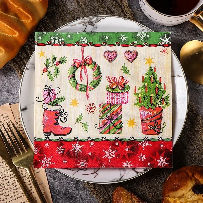 100 stks/pak 33*33 cm 2Ply Kleurrijke Gedrukt Kerstboom Gedrukt Tissuepapier Kerstfeest Verjaardag Tafeldecoratie papier