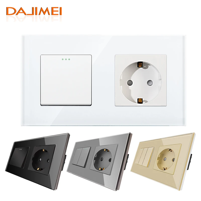 DAJIMEI 1/2/3gang Button light switch and EU Standard sockets Electrical outlet with Crystal Glass Panel for Home