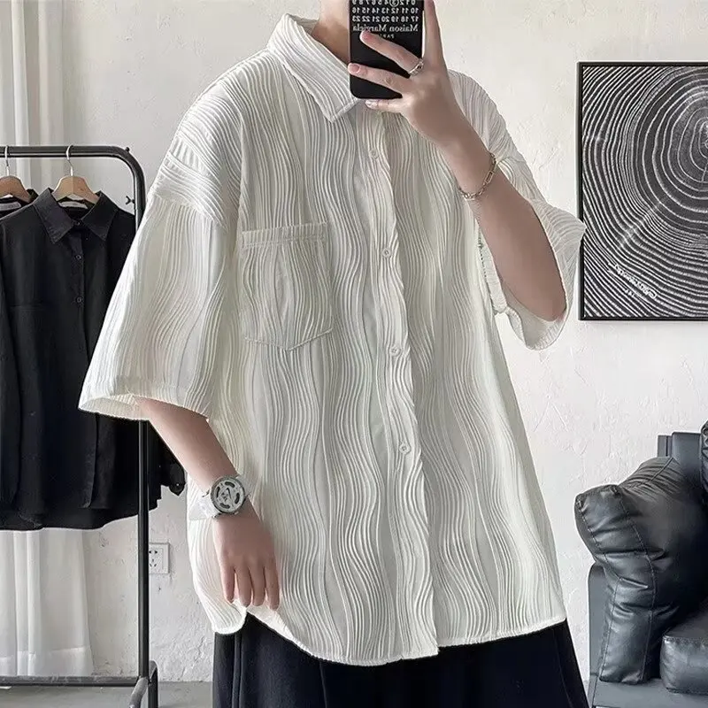 

EBAIHUI Summer Loose Solid Color Shirt Japanese Striped Men's Short Sleeved Blouse Flip Collar Casual Versatile Cardigan Blusas