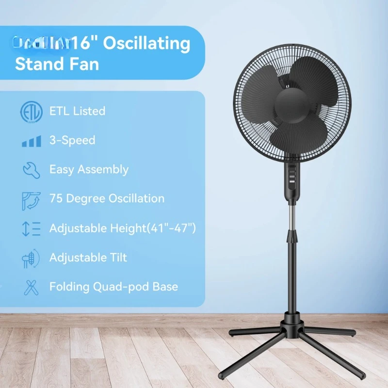 Ventilador de Pedestal oscilante de 3 velocidades, 16 ", Base plegable, altura e inclinación ajustables, 41"- 47 ", negro