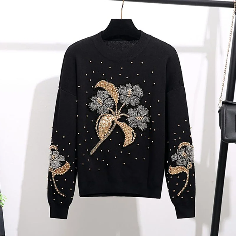 Manual Beaded Sequin Flowers Women Knitted Tracksuit Set Loose Black Pullover Sweater Long Pants Knit Two Piece Outfits Female