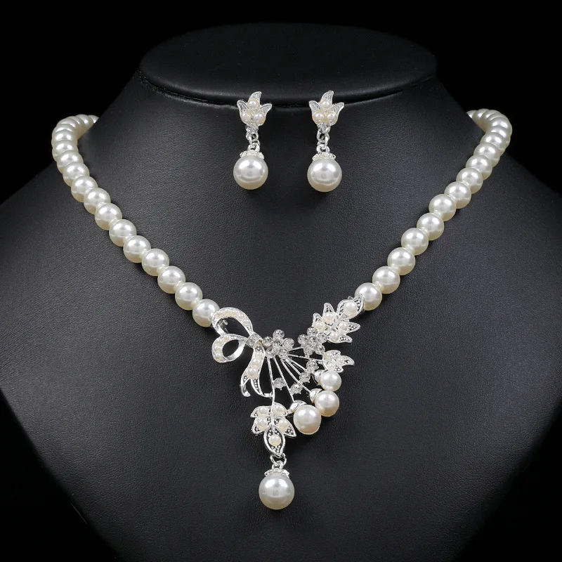 Bridal Elegant Wedding Party Pearl Rhinestone Necklace Earrings Jewelry Set New Fashion Luxury Female Crystal  Party Jewelry