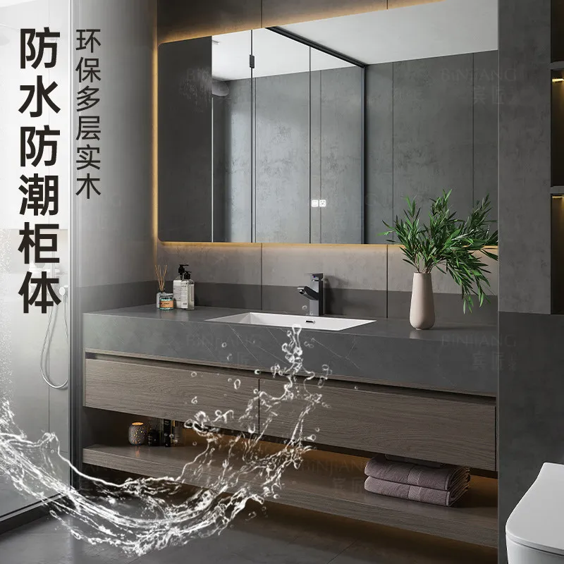 Antique Rock Slab Ceramic Seamless Hand and Face Wash in Bathroom Cabinet, Basin Cabinet Combination Bathroom Can Be Customized