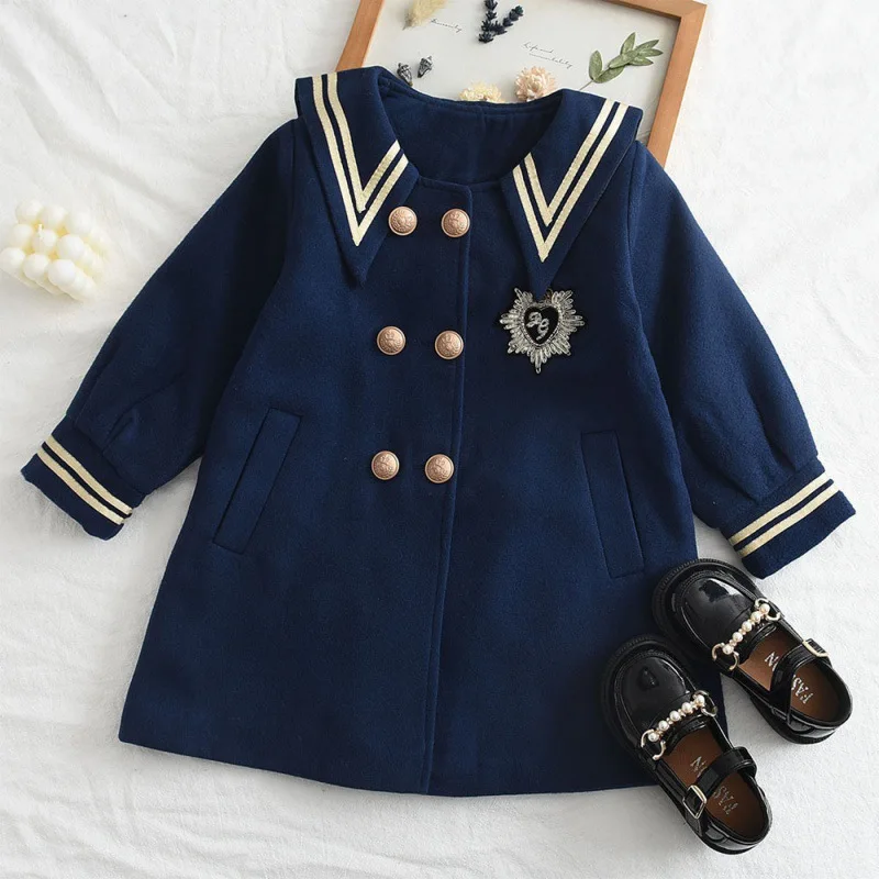 

Girls Woolen Coat with Autumn and Winter Collar Embroidered British Coat Medium To Long College Navy Style