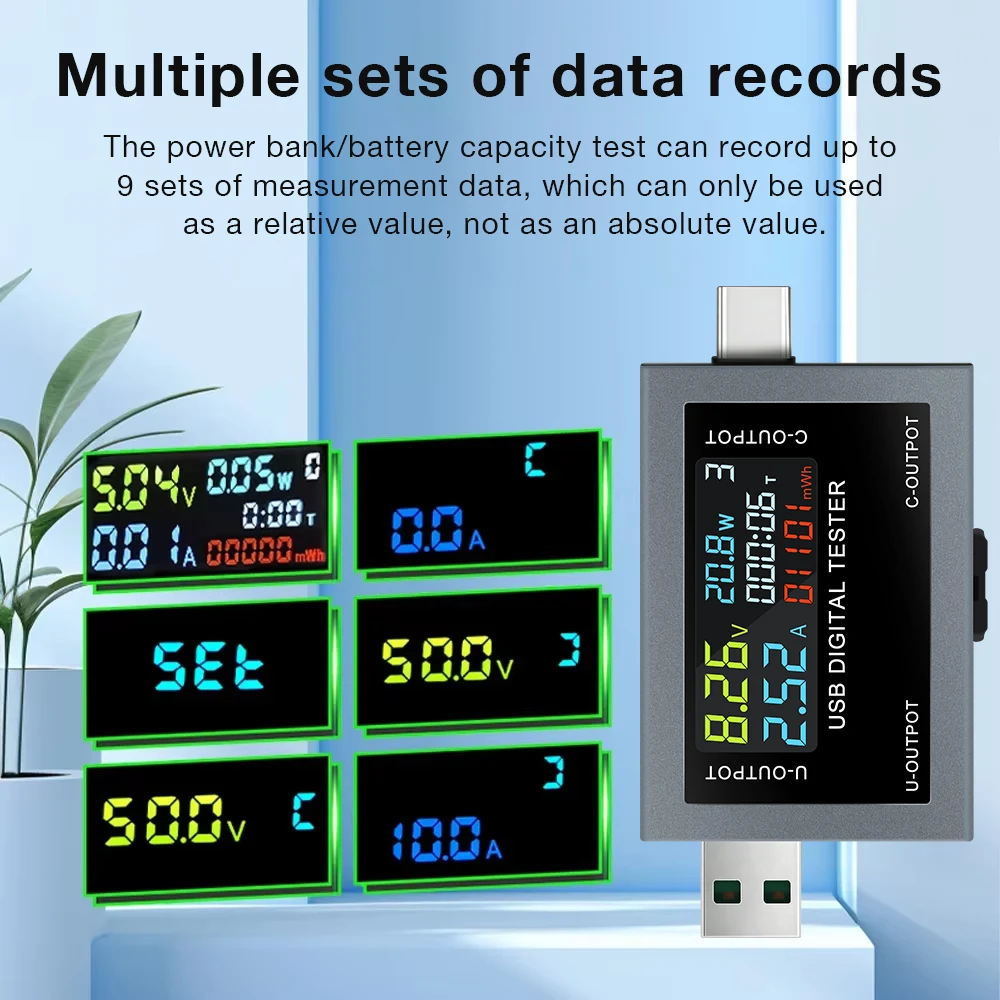 USB Type-C Charging Tester DC 4.5-50V 0-8A Multi-function Digital Display Voltmeter Ammeter Power Meter Charge Capacity Tester