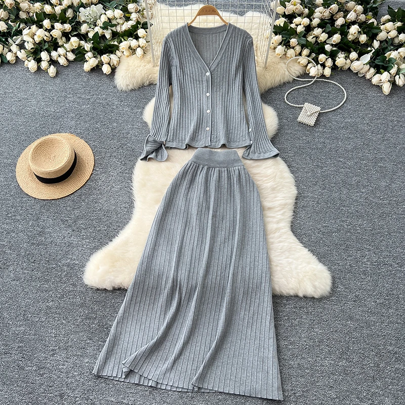 Sweater Sets For Women 2 Piece Long Sleeve V-Neck Slim Fit Knit Cardigan Sweater+High Waist Skirt Knitted Outfits Two Piece Set