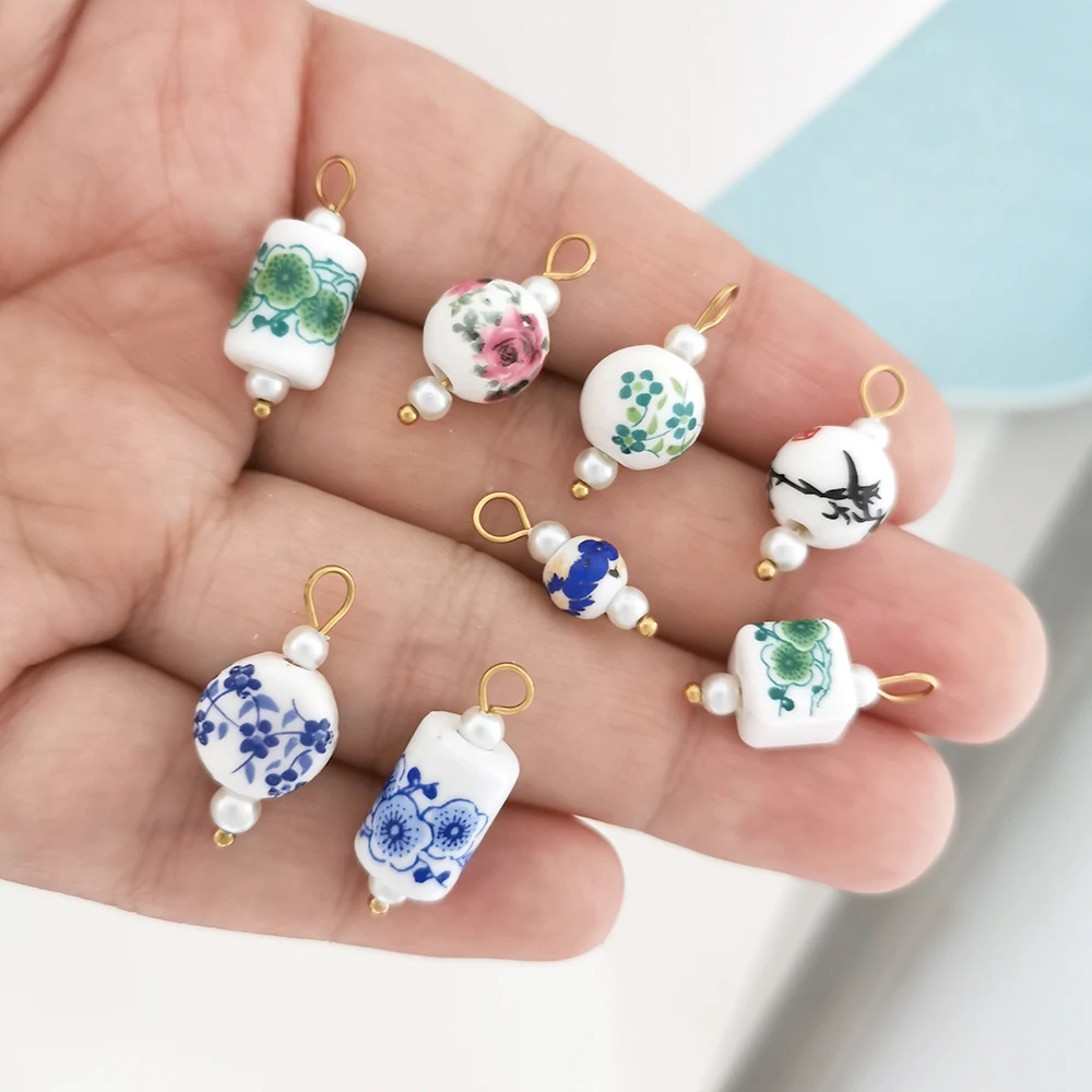 QMHJE Ceramics Pendant Charm Fish Heart Flower Moon Tulips Stainless Steel Geometric Imitation Pearl Blue Green Oval Wholesale