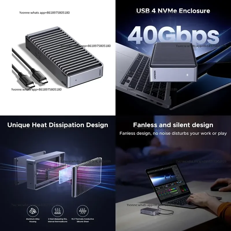 UGREEN 40Gbps M.2 NVMe 인클로저 8TB SSD 케이스, 알루미늄 양면 방열 핀으로 4개와 호환 가능