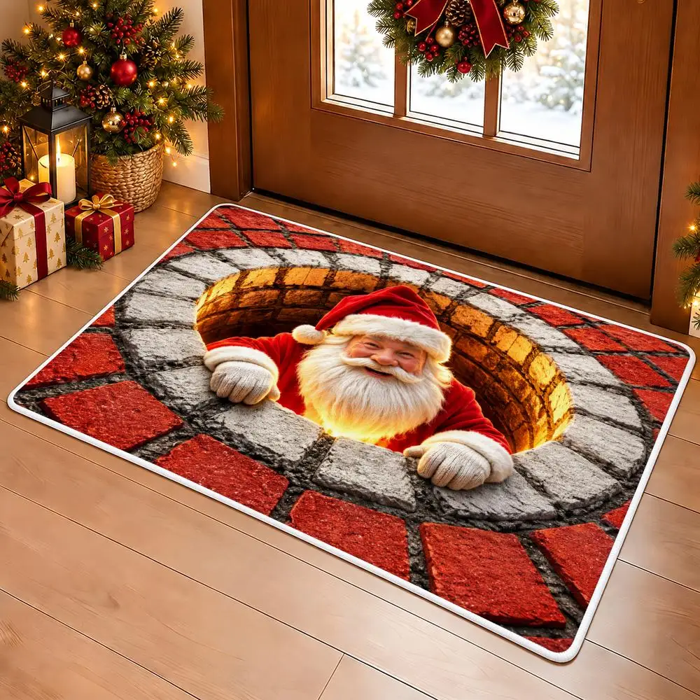 Santa Chimney Whimsical Style Floor Mat Soft Non Slip Flannel Door Mat for Bathroom Kitchen Bedroom Home Decor