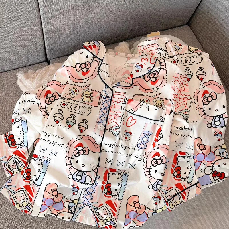 Cute Hello Kitty Anime Ladies Pajamas Cartoon KT Cat Printing Long-sleeved Cardigan Two-piece Loose Leisure Can Go Out Homewear