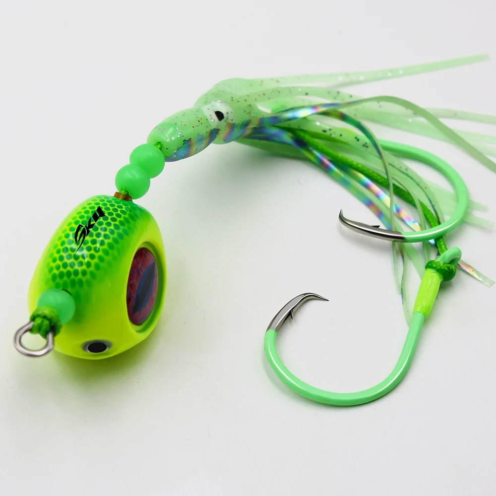 ZYZHE 1 Stück Meeresangel-Hybrid-JIG 120G 150G 200G mit leuchtendem Weichköder, Doppelringhaken, Bootsfischköder, Angelköder – Detail 9