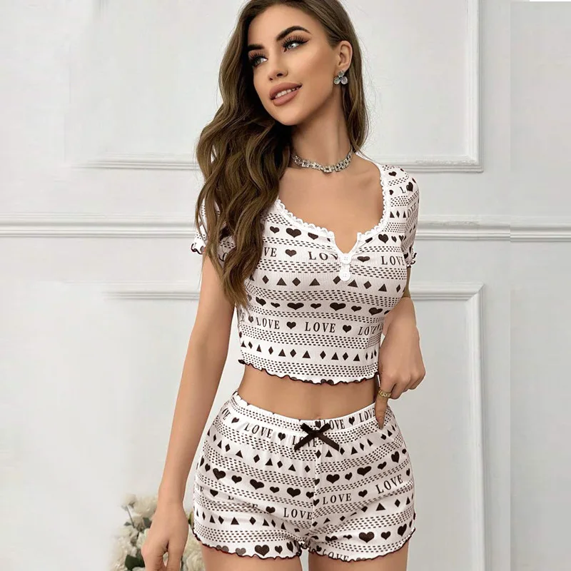 

Womens Cute Love Heart Print Pajama Set Short Sleeve Crop Top Shorts Two Piece Lace Trim Lettuce Hem Y2K Loungewear Sleepwear