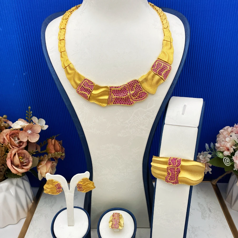 

Falair Gold Plated Copper Cubic Zirconia Jewelry Set for Women Dubai Saudi Bridal Wedding with Bracelet Ring Necklace Earrings
